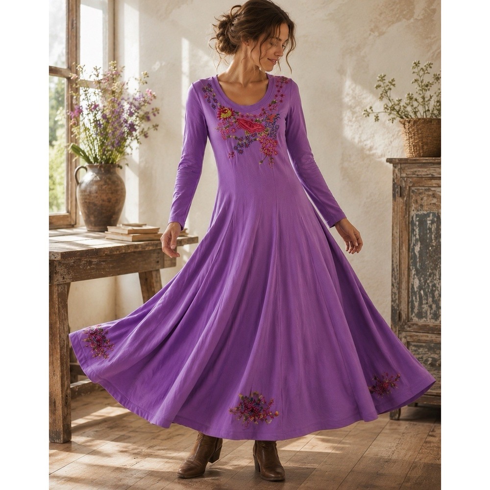 J Peterman 100% Cotton Purple Embroidered Midi Dress SMALL Boho Floral Fairy